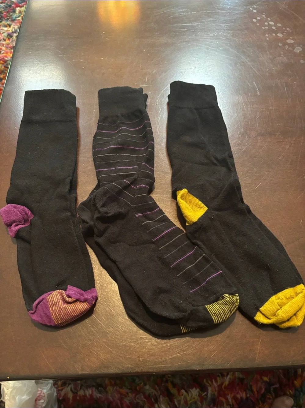 3 Pair Gold Toe Thin Dress Crew Socks Black w Gold, Purple & Purple Stripes NWOT